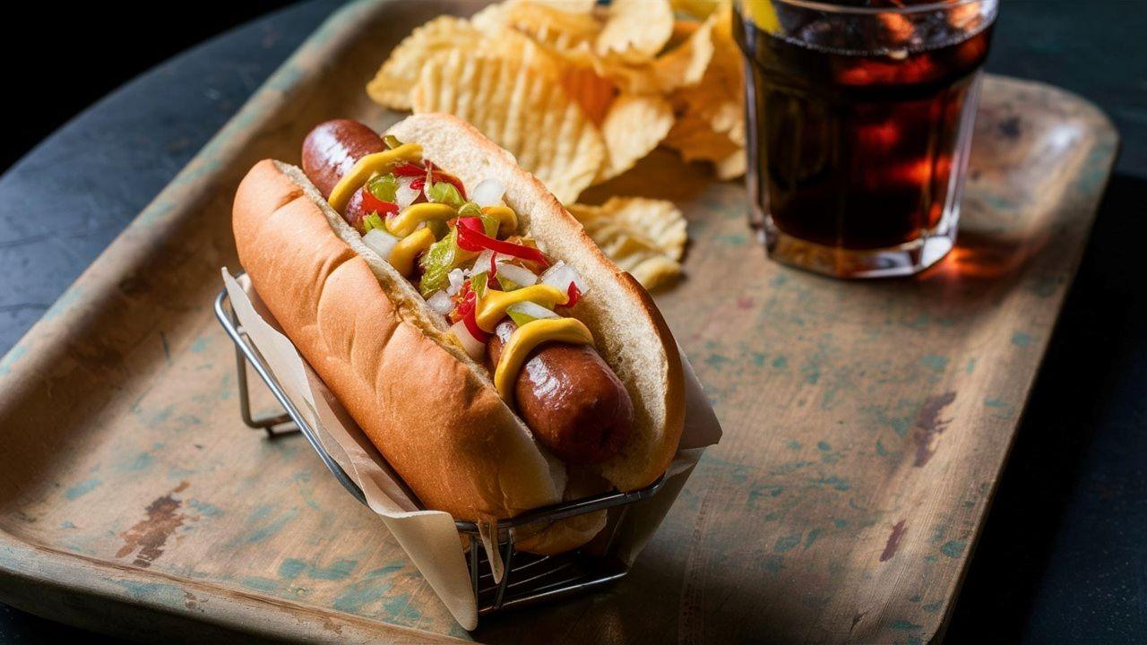 bandeja com hot dog, batata frita e copo de refrigerante