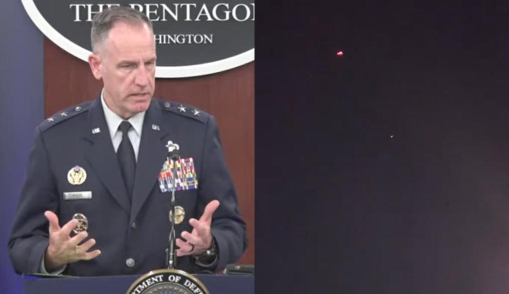 Montagem com duas imagens. À esquerda, o general de Brigada Patrick Ryder; à esquerda, imagem do vídeo que mostra UAPs vistos no Reino Unido