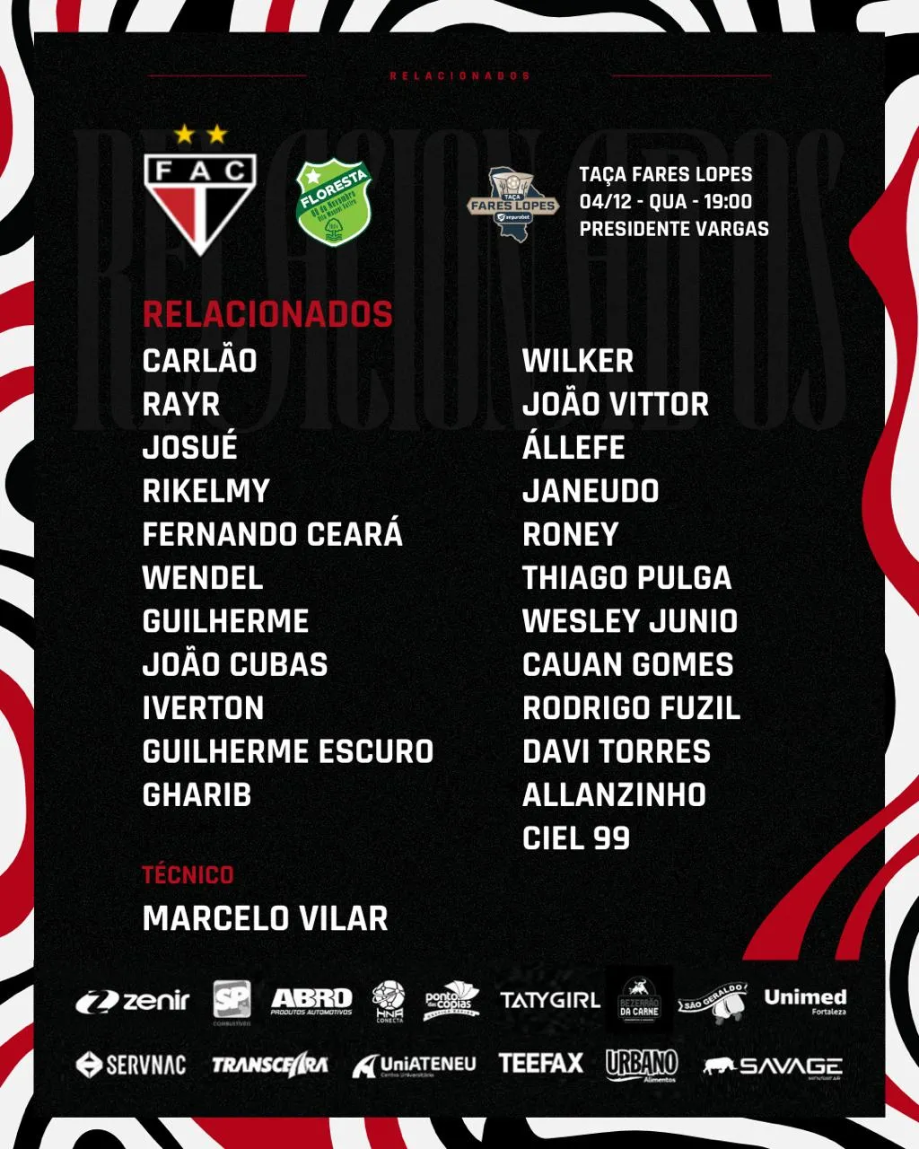 Veja a lista de relacionados do Ferroviário para o jogo contra o Floresta.