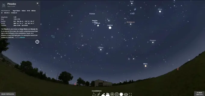 Representação da aproximação da Lua com as Plêiades