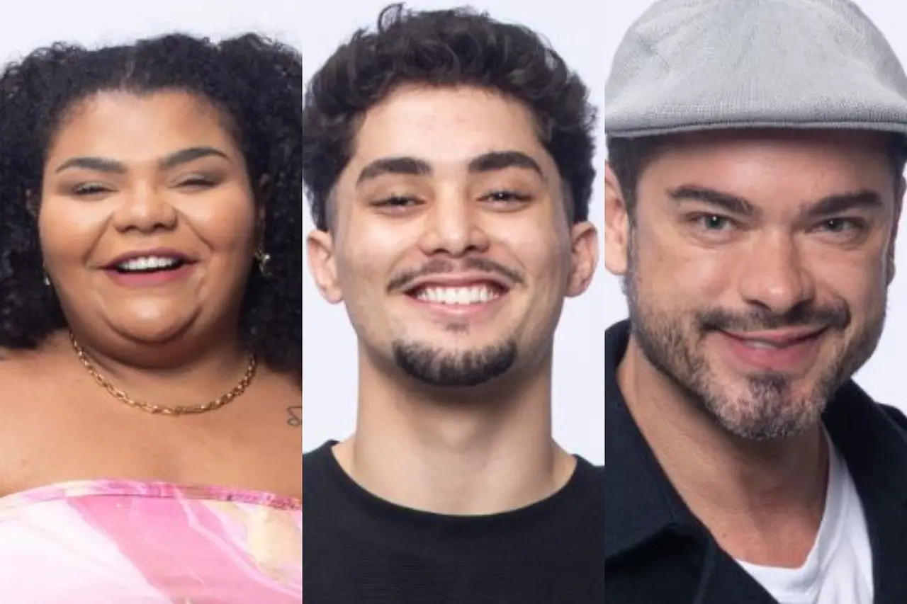 Montagem de fotos de Flora, Gui Vieira e Sidney Sampaio, que estão na roça de A Fazenda