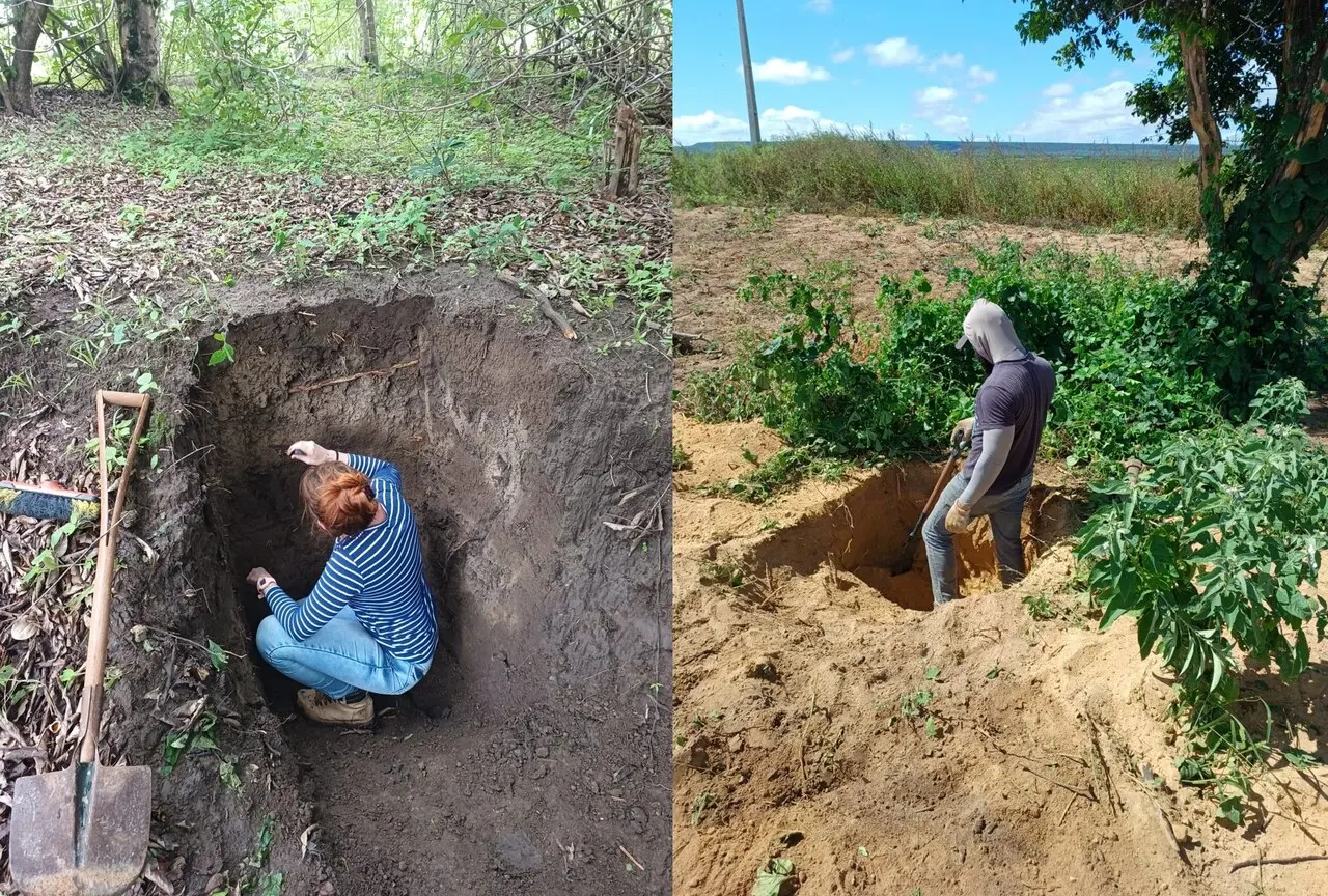 Pesquisadora escava buraco para análise do solo