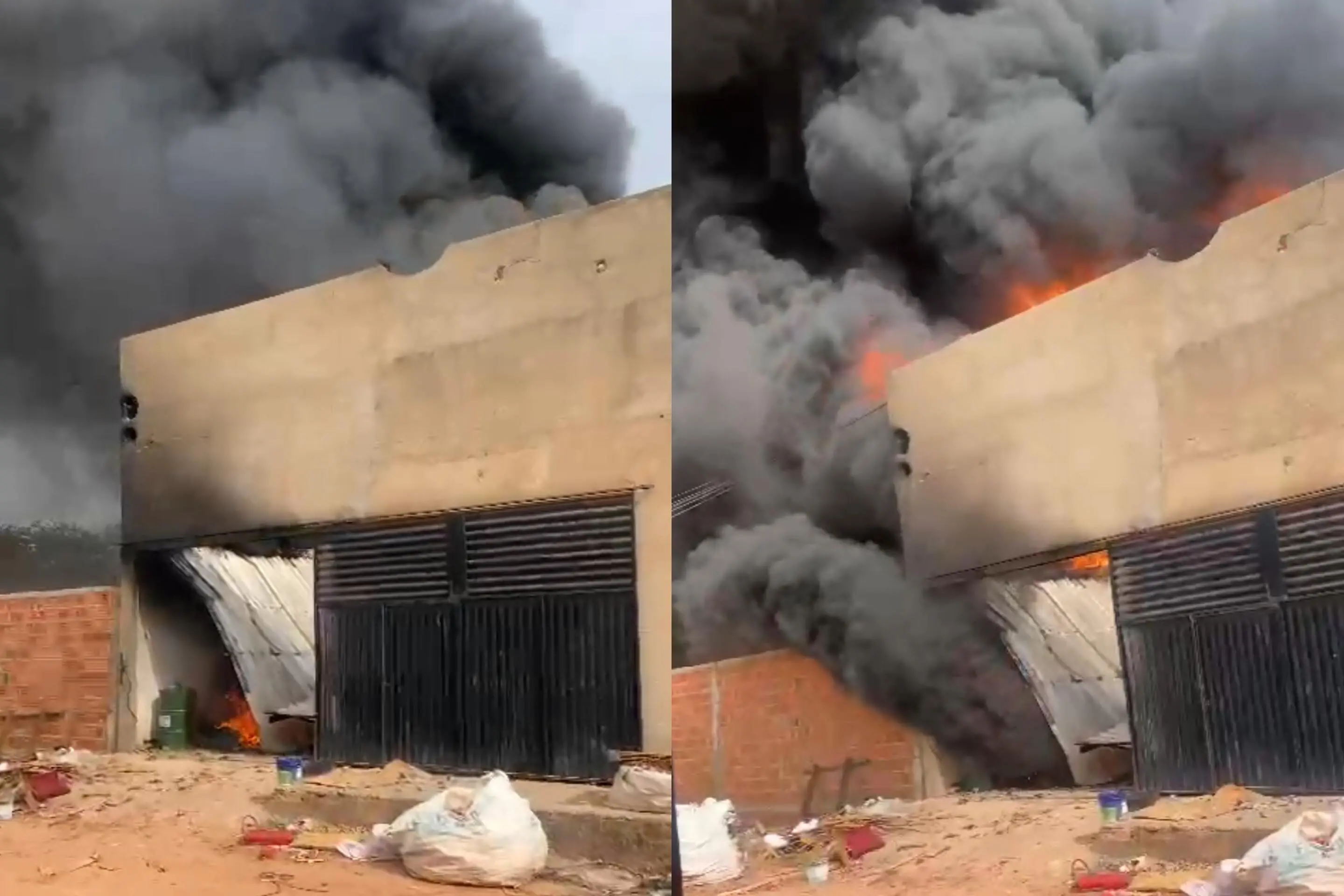 Queima de produto químico gerou uma grande coluna de fumaça e fogo