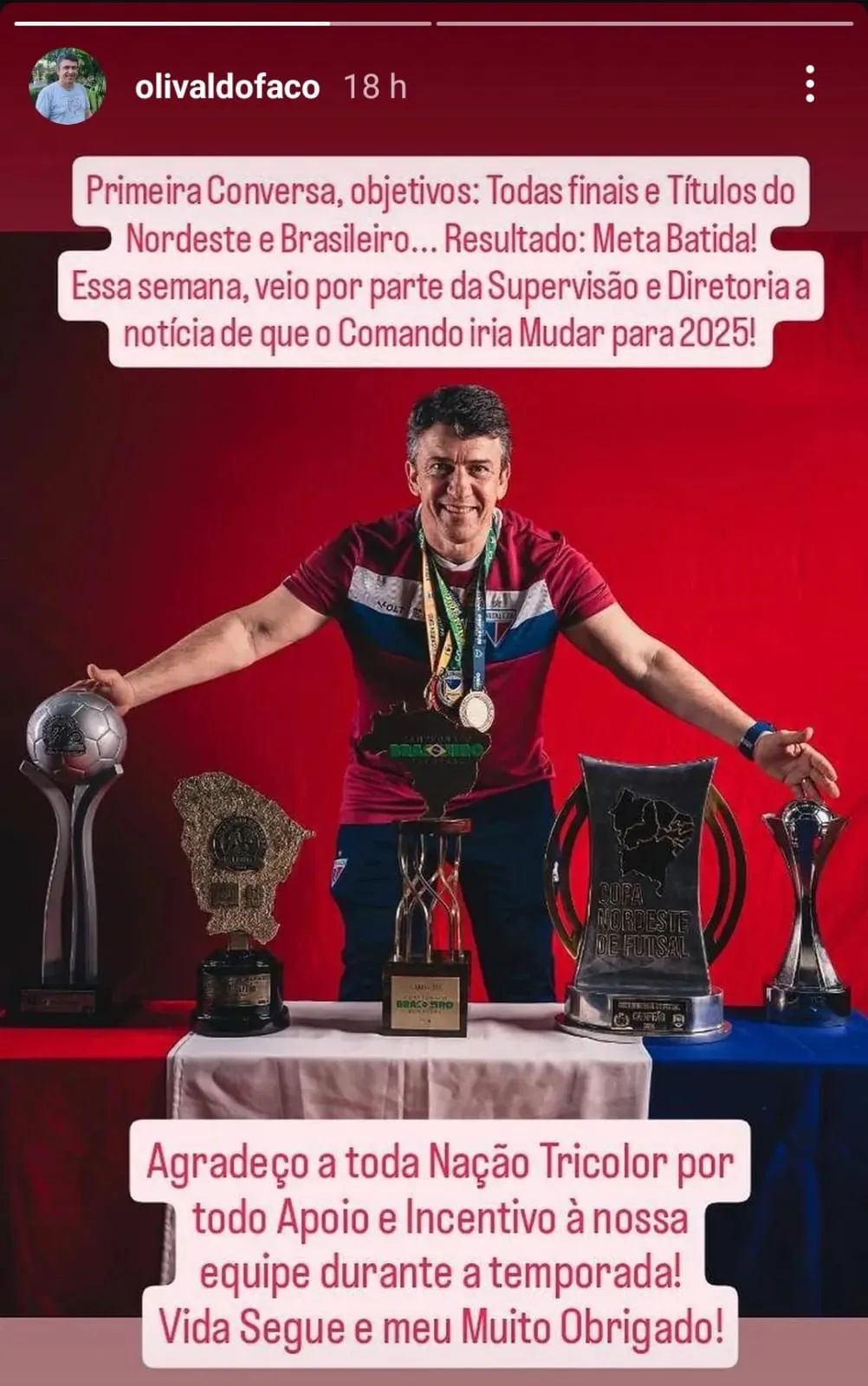Olivaldo Facó se manifesta sobre saída do Fortaleza numa rede social.