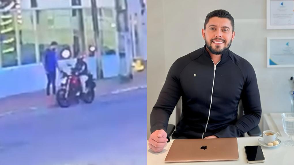 Montagem de fotos com captura de tela de câmera de segurança que mostra última vez que dentista foi visto, subindo em moto no Eusébio. Ao lado, uma foto dele em um consultório.
