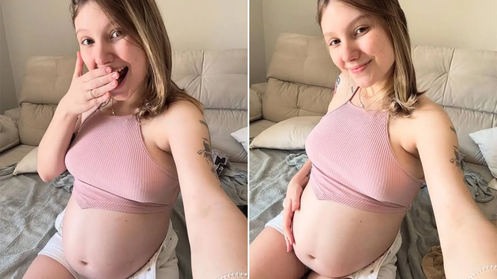 Montagem mostra duas imagens de Isabel Veloso grávida. Tratando um câncer, Isabel Veloso diz que não levará gestação até o fim e filho nascerá prematuro