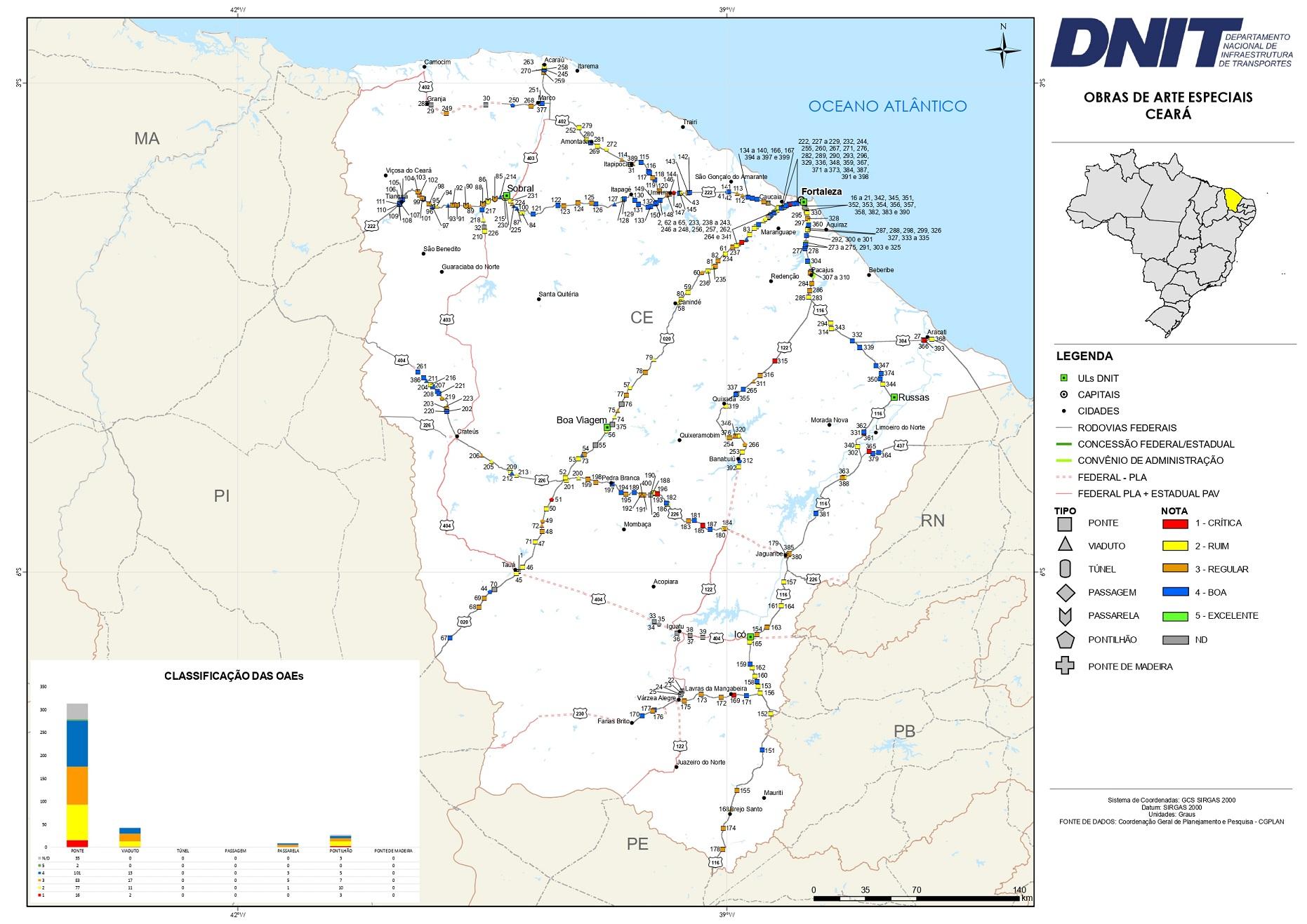 Mapa de pontes e viadutos no Estado do Ceará