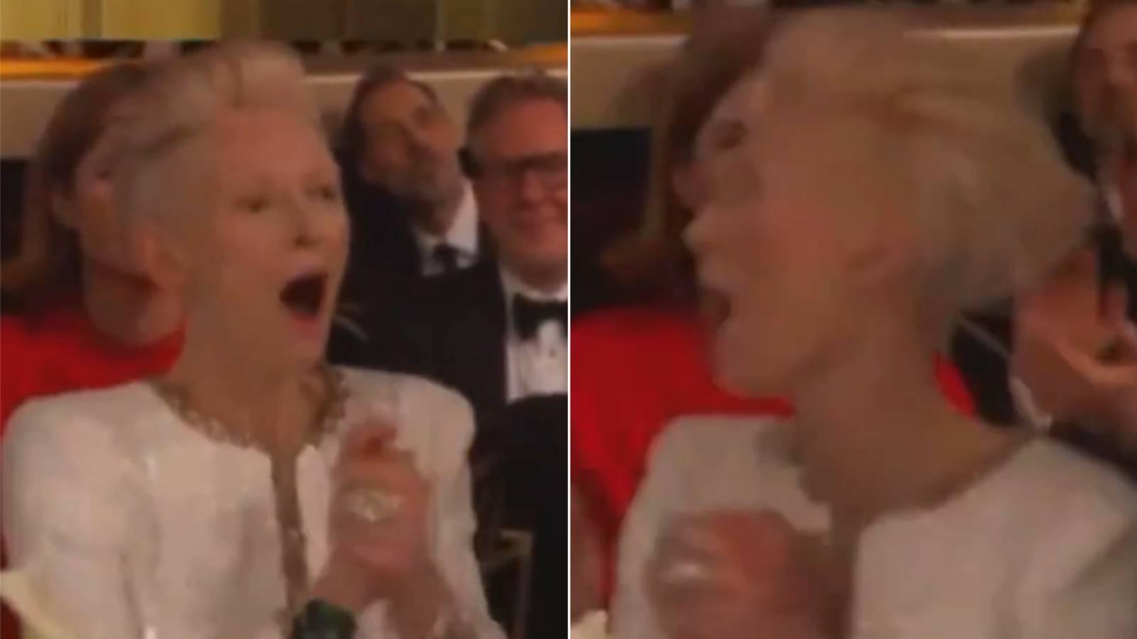 Montagem mostra Tilda Swinton reagindo à vitória de Fernanda Torres. Brasileiros celebram reação de Tilda Swinton à vitória de Fernanda Torres no Globo de Ouro; veja momento