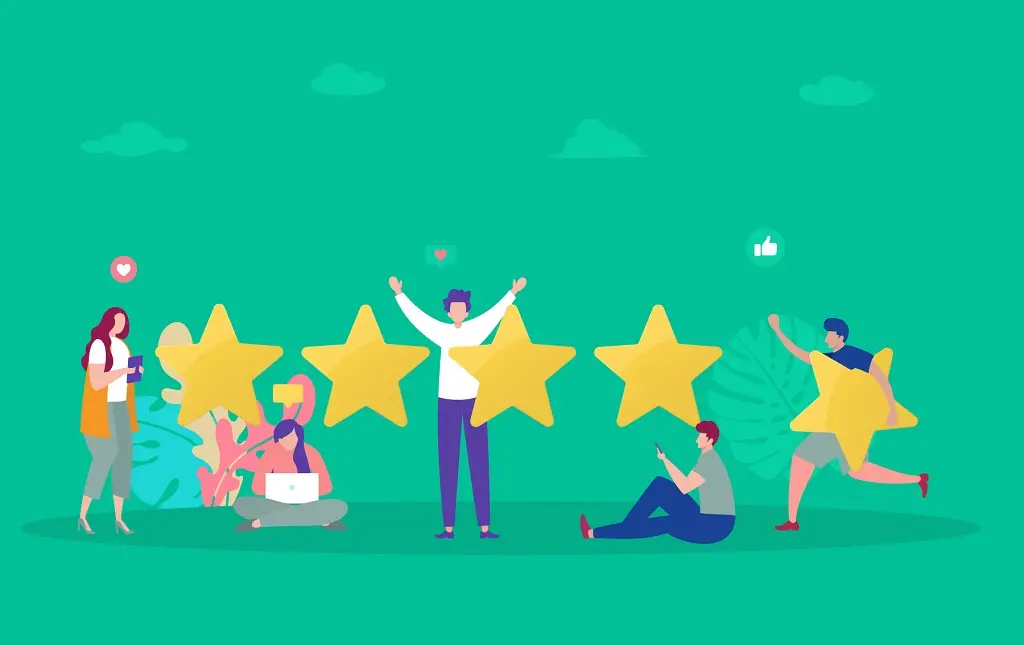 Imagem mostra uma ilustração de pessoas cercadas por cinco estrelas, simulando clientes e usuários