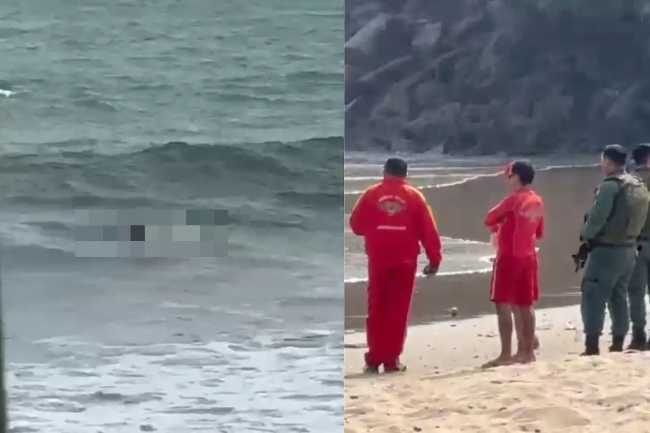 Captura de tela que mostra corpo sem cabeça boiando em praia de Fortaleza, mas o corpo está borrado por conta do conteúdo violento. Na segunda foto, há policiais militares e bombeiros na faixa de areia olhando para o corpo