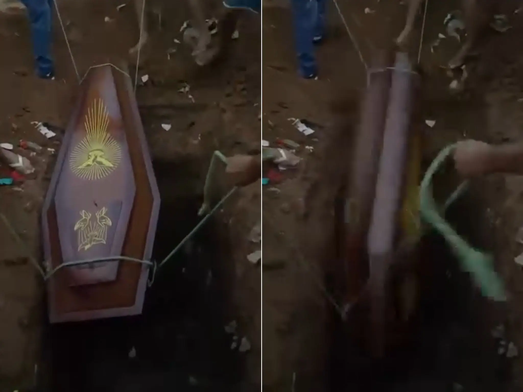 Caixão abre e corpo fica exposto após corda arrebentar durante sepultamento no Ceará