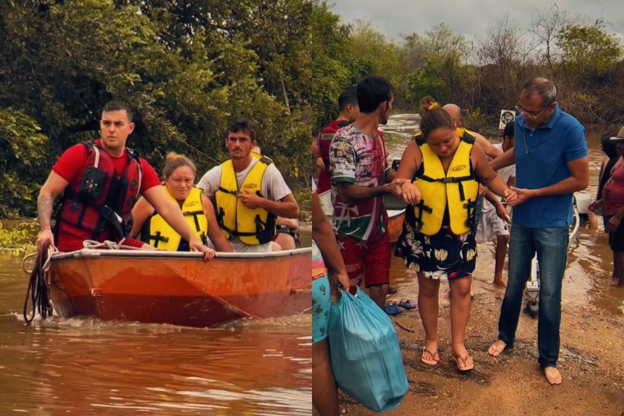 Captura de tela de vídeo de grávida ilhada por conta de chuvas no Ceará sendo resgatada