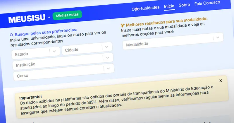Site Meusisu com busca de universidades e cursos, opções de ingresso e dados do SISU, mostrando informações úteis para candidatos a vagas de ensino superior.