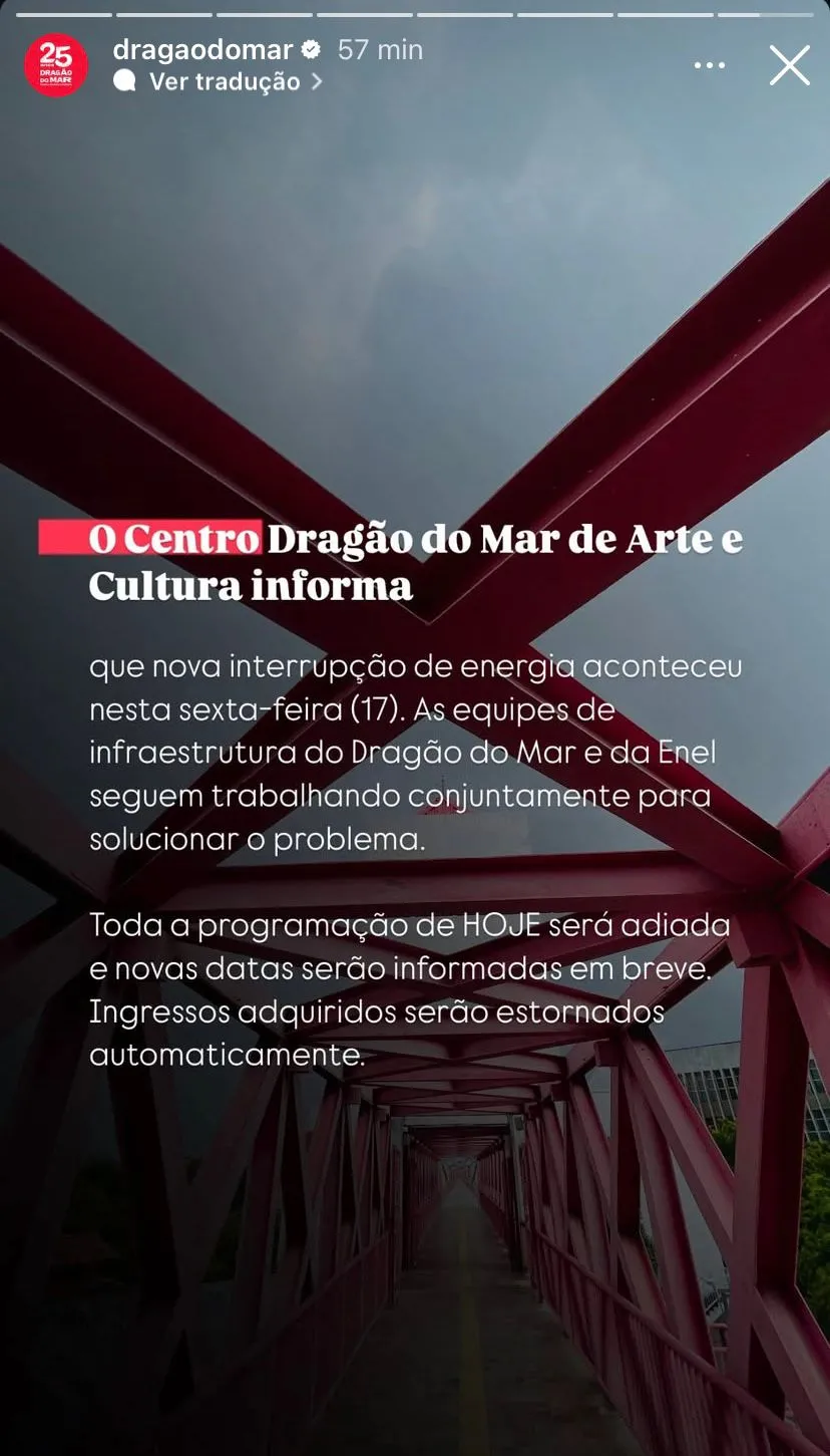 O comunicado foi feito nas redes sociais do equipamento cultural