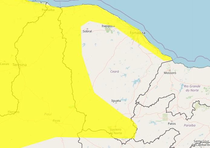 Mapa do Ceará com mancha amarela de chuva