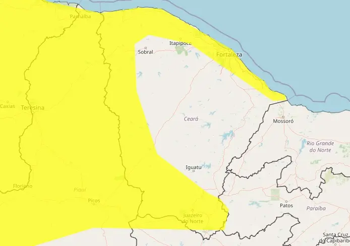 Mapa do Ceará com mancha amarela de chuva