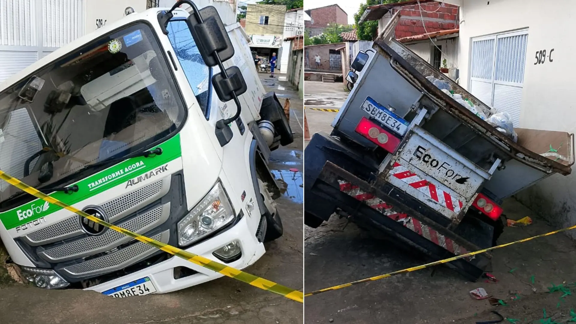 Imagens de um caminhão de lixo da empresa EcoFor tombado em um bairro, cercado por fitas de isolamento. O veículo apresenta danos visíveis e está fora de posição.