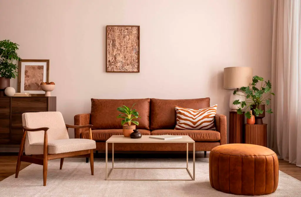 Um marrom mais quente presente nos estofados como sofá e puff convidam pro aconchego