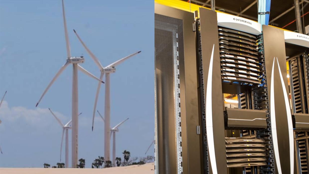 Foto que contém geradores eólicos e data center