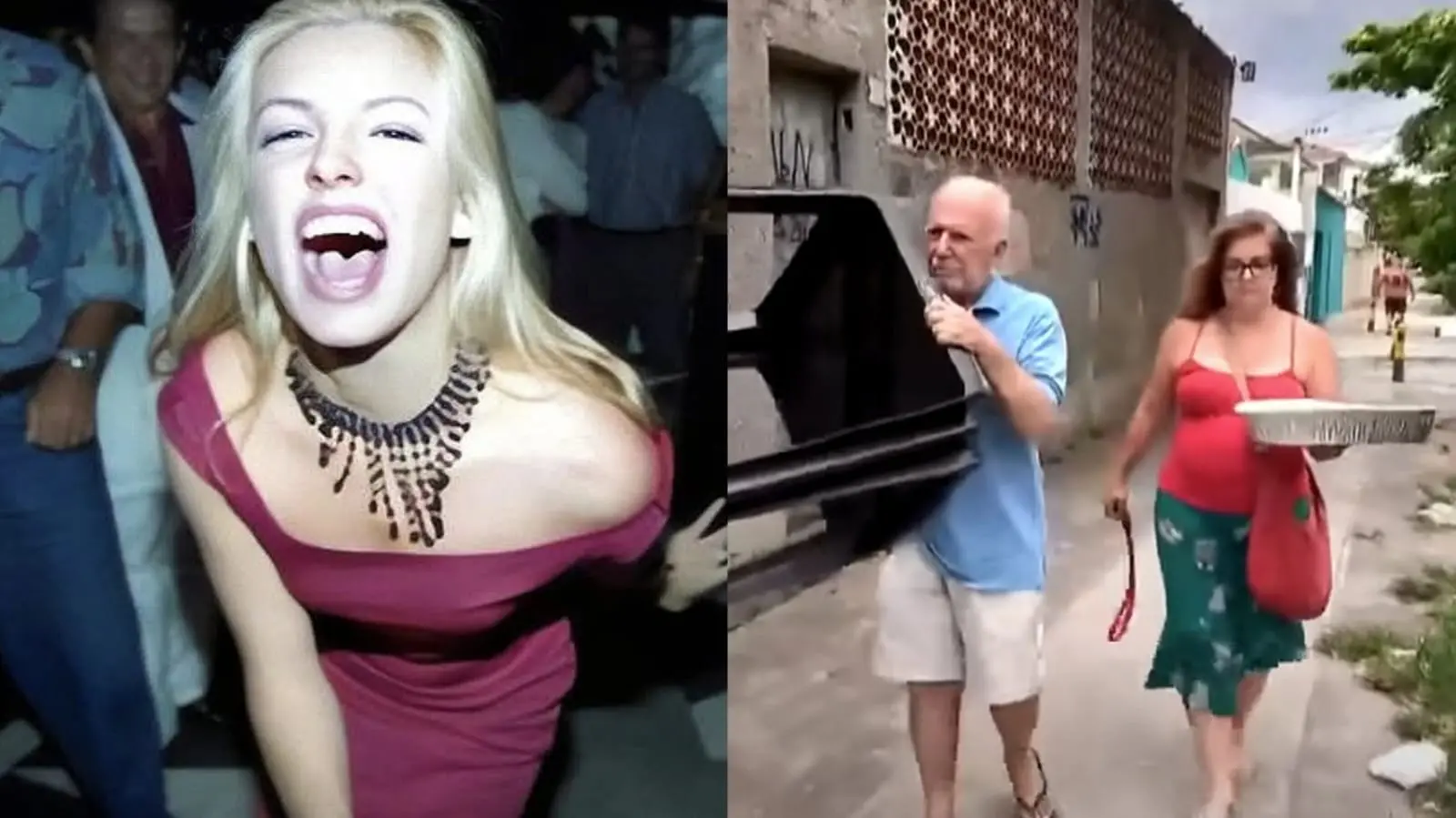 Uma foto de Regininha Poltergeist nos anos 1990 e uma segundo imagem dela ao lado do pai vendendo empadinhas no RJ