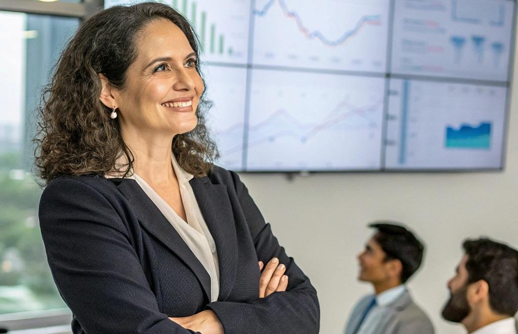 Mulher executiva sorri e olha para uma sala com gráficos ao fundo, como em uma reunião