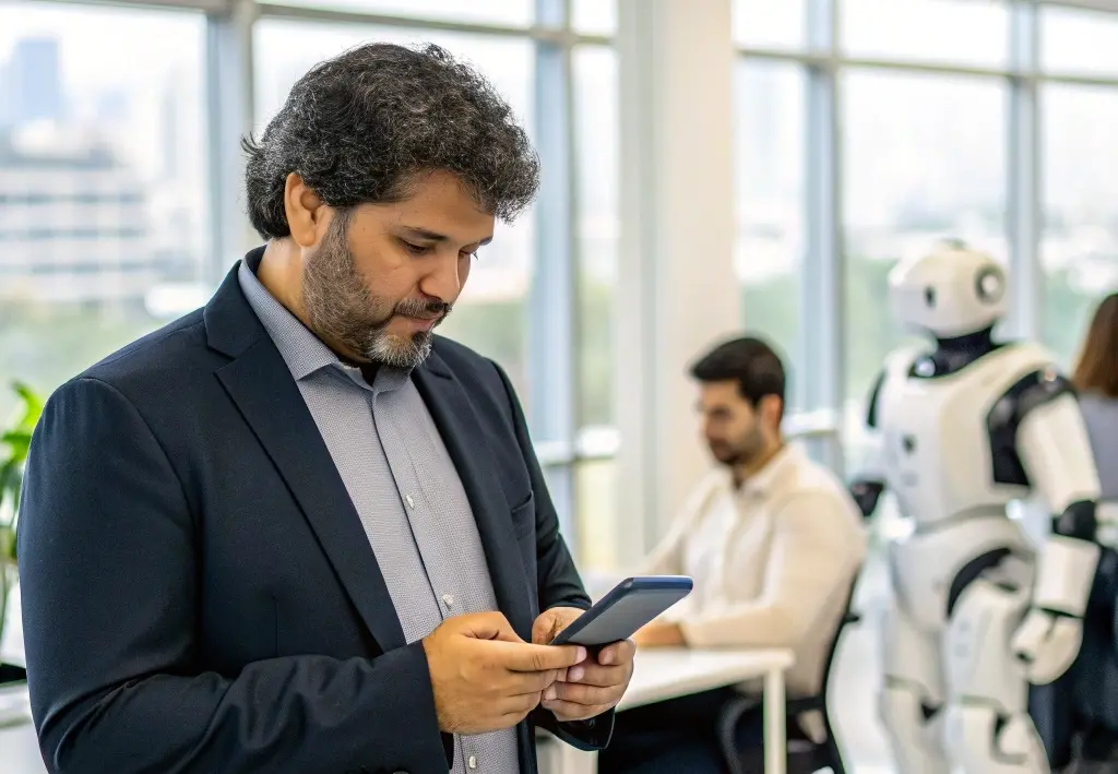 Homem usa celular enquanto há um robô atrás dele