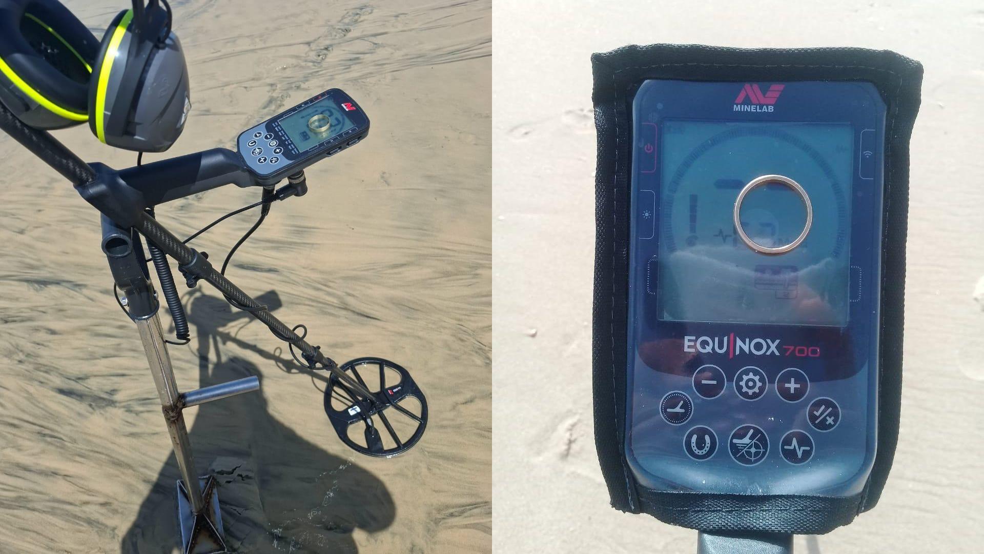 Aparelho detector de metal e uma aliança encontrada na praia