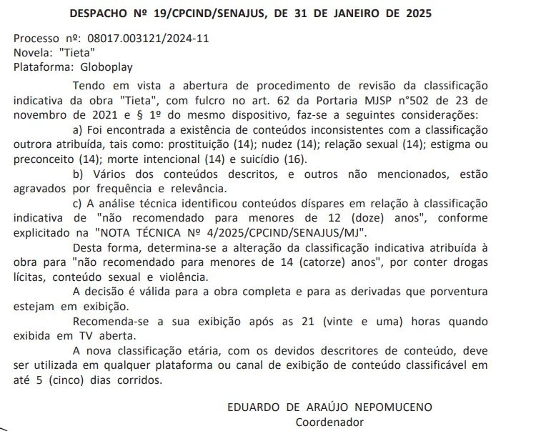 Publicação no Diário Oficial da União sobre a novela 'Tieta'