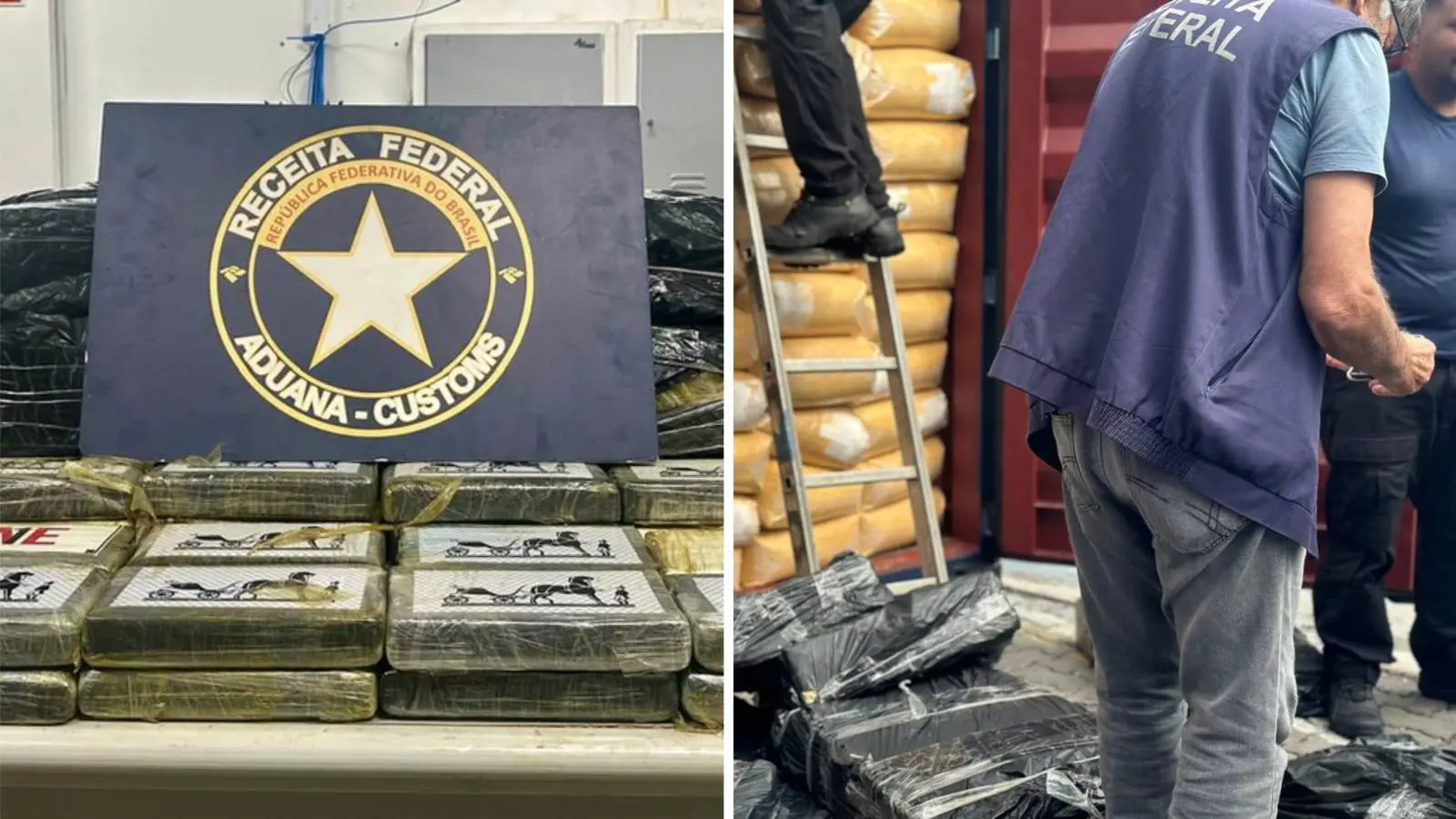 Montagem mostram imagens da operação da Receita Federal que apreendeu 416 kg de cocaína Porto do Mucuripe, em Fortaleza. no Receita Federal apreende 416 kg de cocaína escondidos em contêiner no Porto do Mucuripe