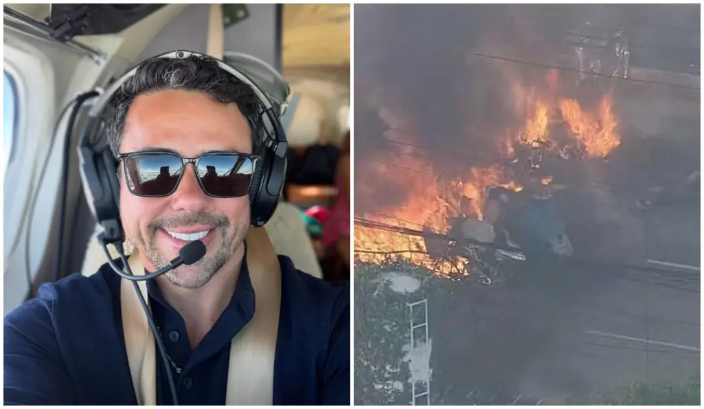 imagem mostra o advogado gaúcho Márcio Louzada Carpena dentro do avião ao lado da imagem da explosão após colisão com ônibus em chamas na Zona Oeste em SP