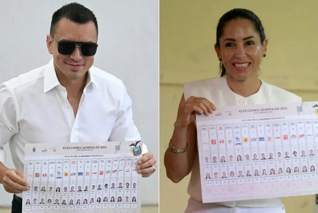 Daniel Noboa (à esq.) e Luisa González (à dir.) são os favoritos nas eleições à presidência do Equador