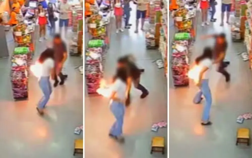 a imagem mostra momentos em que celular explode e mulher corre de desespero ao ver o bolso da calça pegando fogo em supermercado