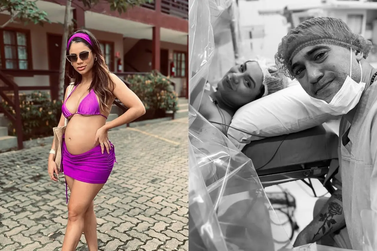 Montagem com foto de Lexa grávida e de cantora e do marido no dia do parte da filha, que nasceu prematura e morreu