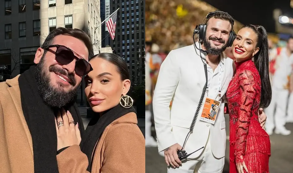 Montagem com duas fotos do casal Thamires Hauch e Marcelinho Calil.