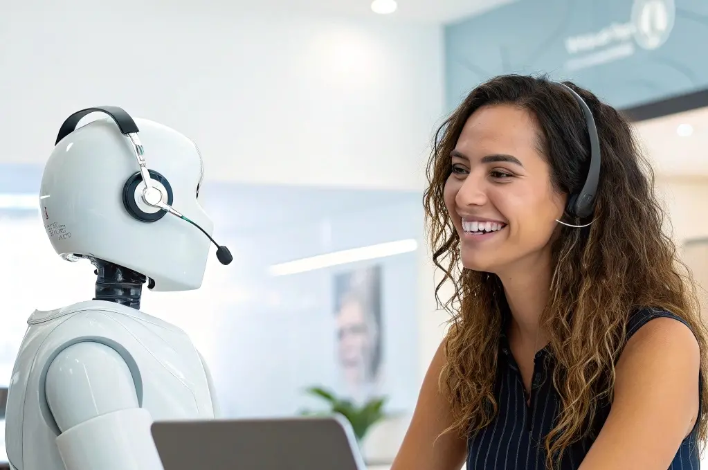 Mulher branca cacheada conversa com robô branco