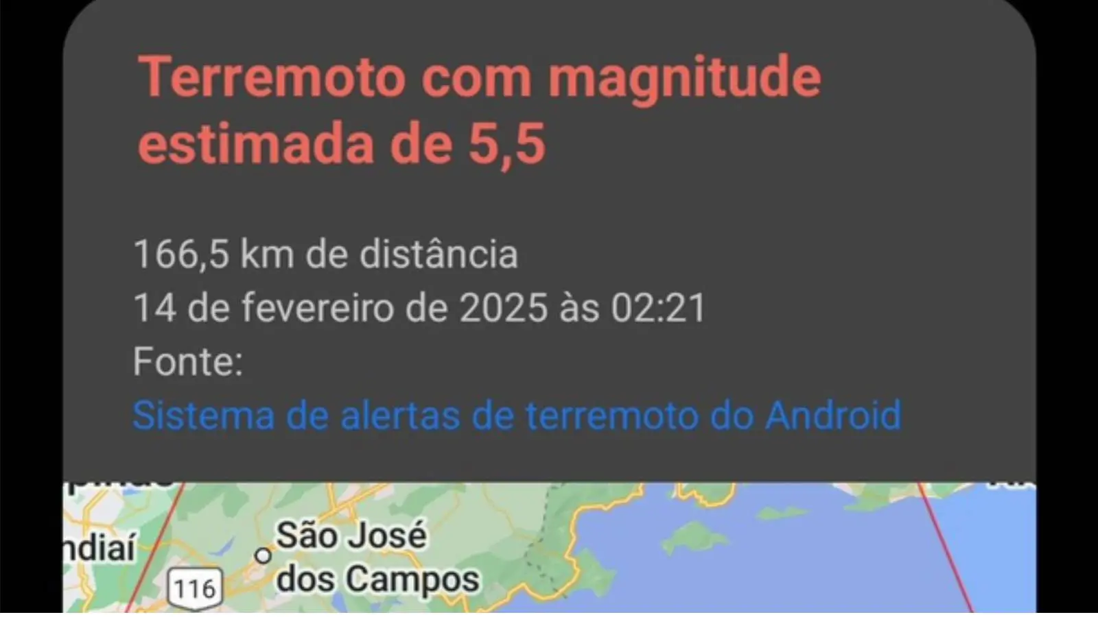 Imagem mostra alerta de terremoto em São Paulo enviado a usuários android em 14 de fevereiro de 2025. Alerta de terremoto surpreende moradores de São Paulo e Rio de Janeiro; Defesa Civil nega abalo