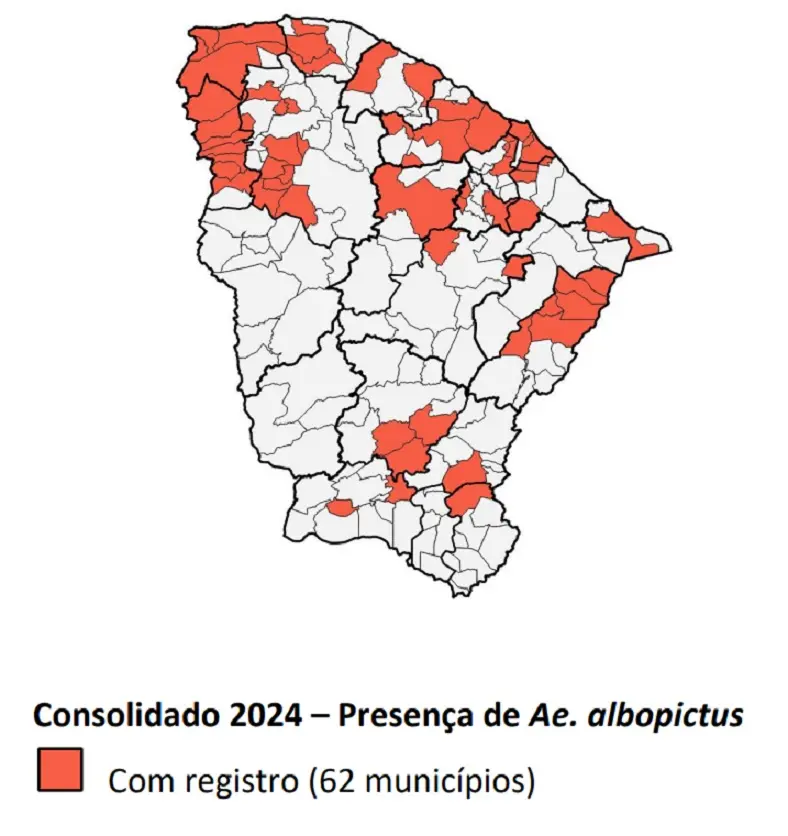 Mapa do Ceará com focos do Aedes albopictus