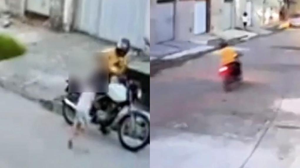 Captura de tela de vídeo de assaltante roubando mulher, sendo perseguido por criança e deixando celular cair na fuga em Fortaleza
