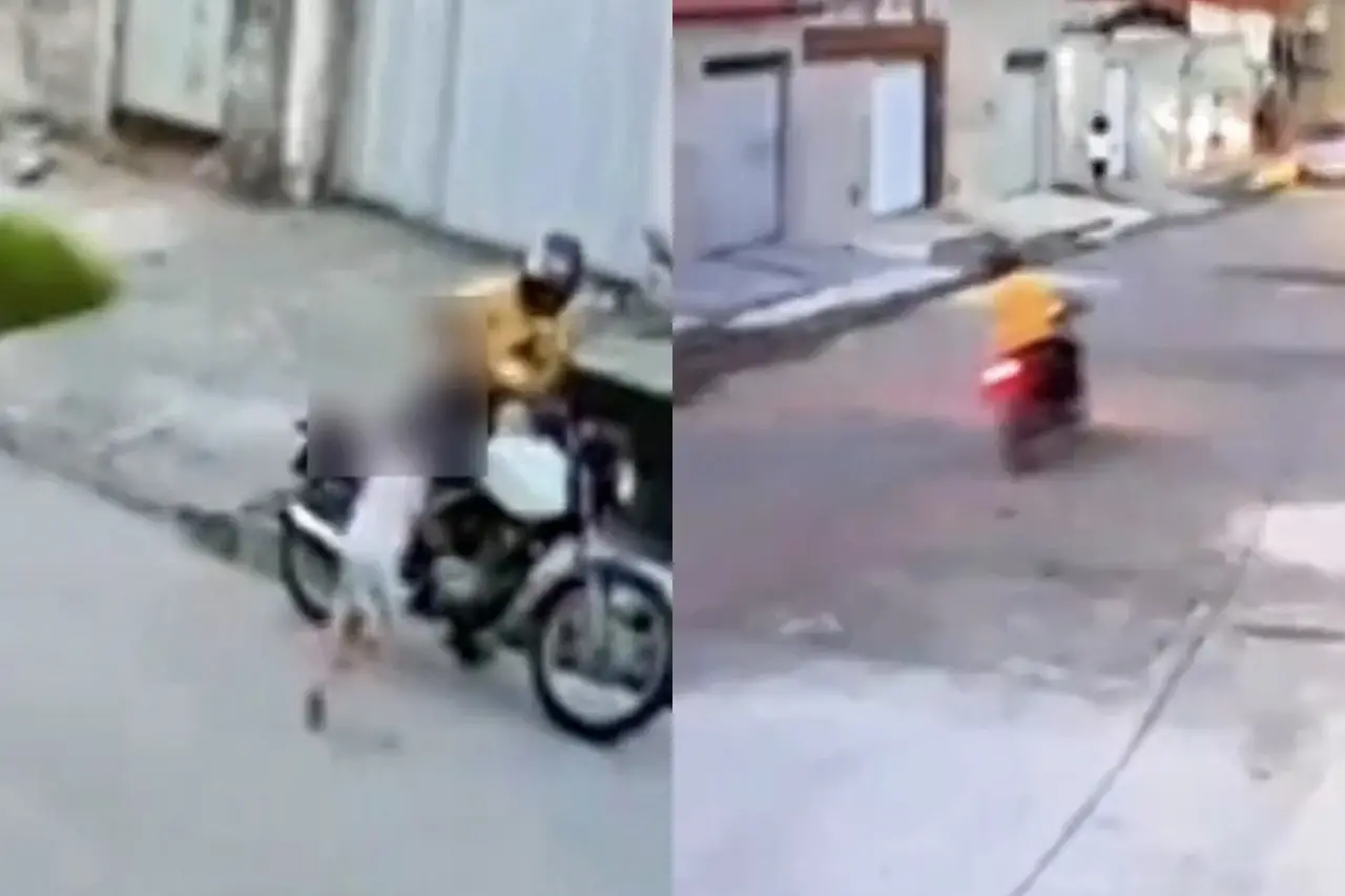 Captura de tela de vídeo de assaltante roubando mulher, sendo perseguido por criança e deixando celular cair na fuga em Fortaleza