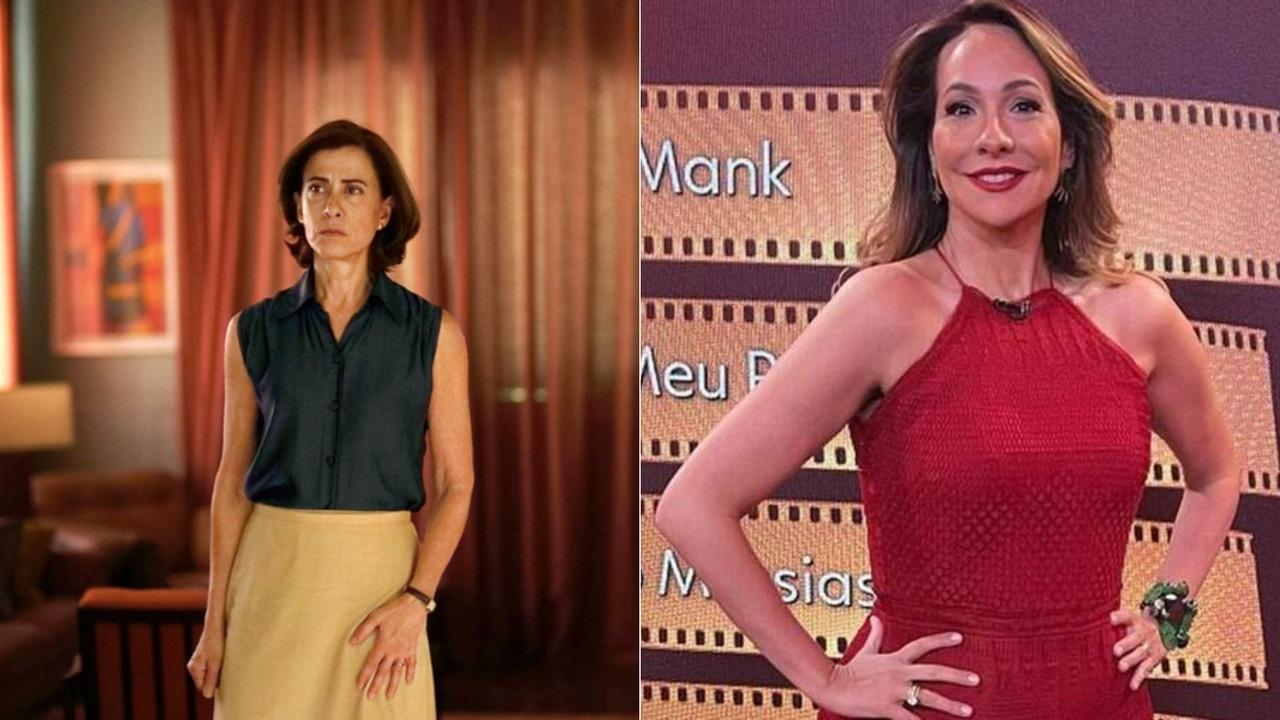 montagem de fotos de Fernanda Torres em 'Ainda Estou Aqui'  e da apresentadora Maria Beltrão