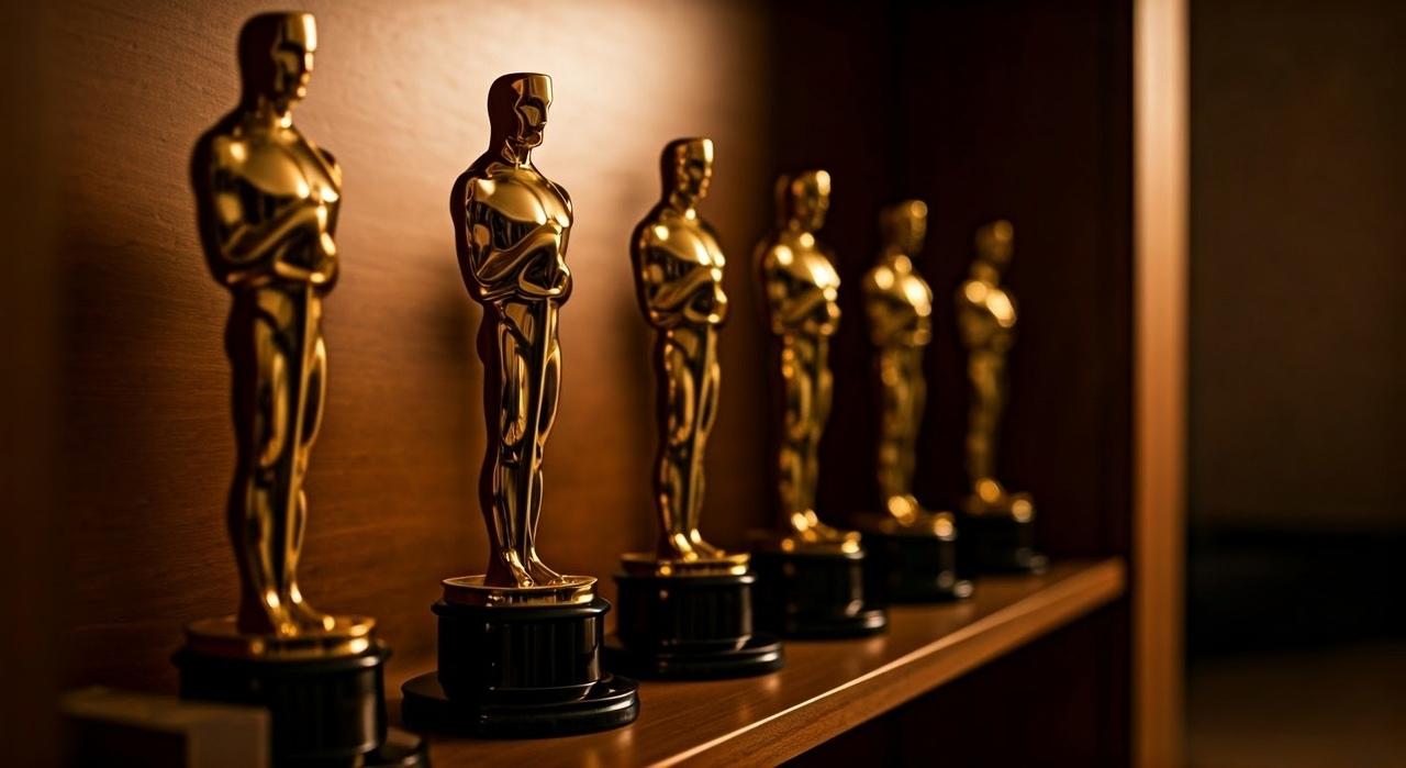 Estatuetas do Oscar em uma prateleira, simbolizando o prêmio da Academia de Artes e Ciências Cinematográficas. Imagem que destaca seis estatuetas douradas, um ícone do cinema mundial.
