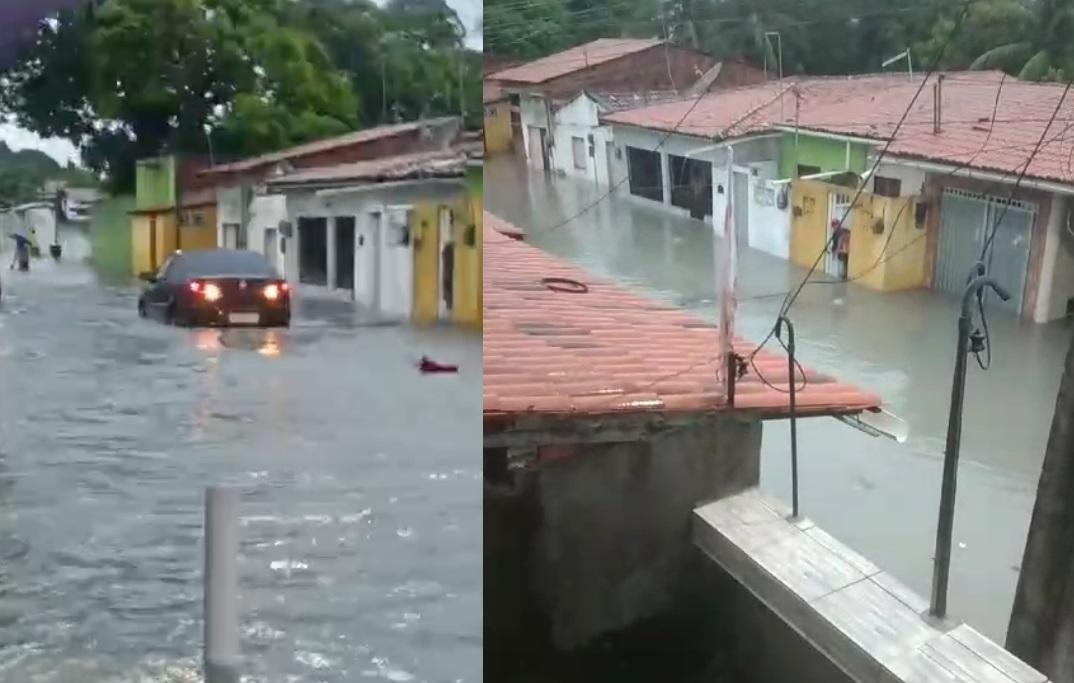 ruas alagadas no Centro de Pindoretama