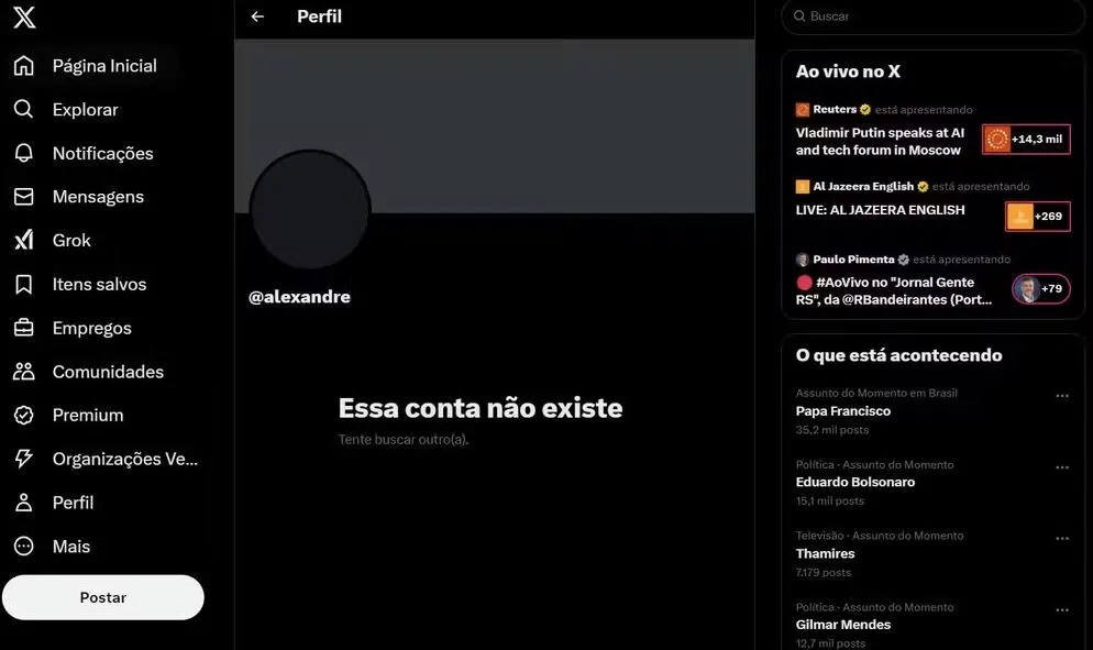 Alexandre de Moraes não se pronunciou sobre conta no X até o momento