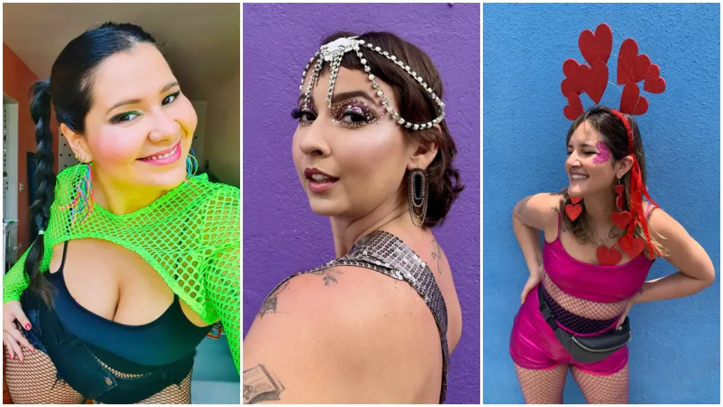 Carnaval é tempo de brilhar com a liberdade de uma estrela. Na foto, as jornalistas Livia Lopes, Gabi Dourado e Viviane Sobral esbanjam o colorido da folia