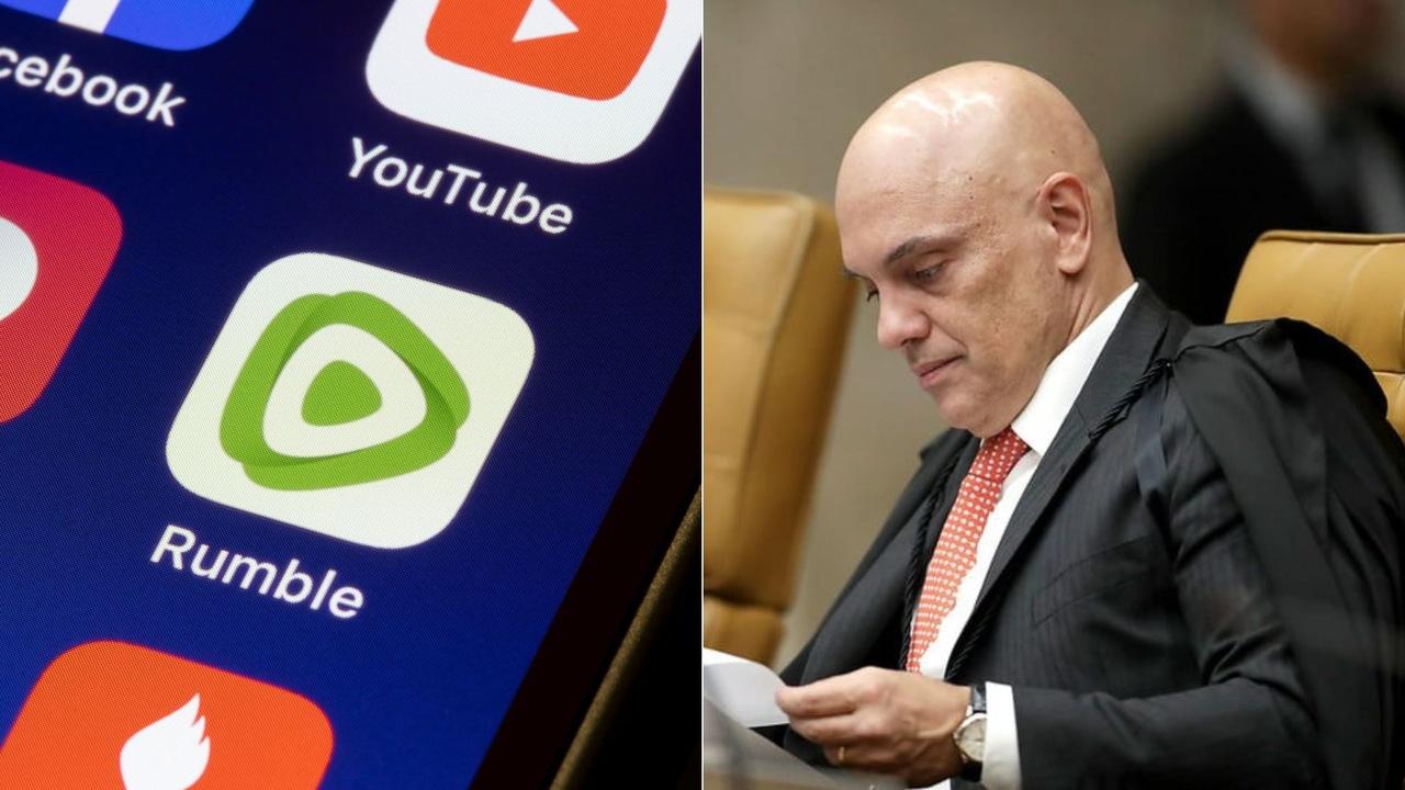 montagem de fotos de logo da rede social Rumble e ministro Alexandre de Moraes