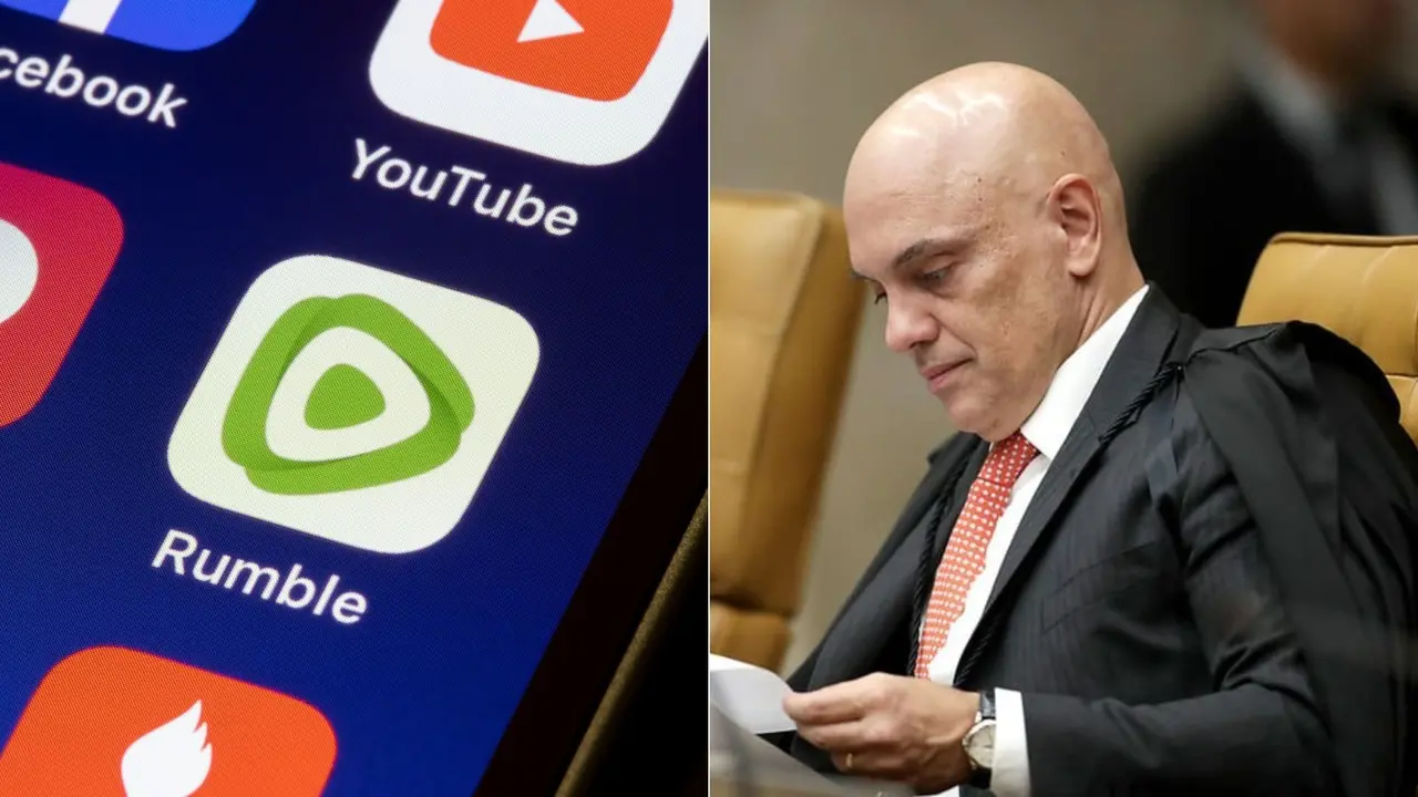 montagem de fotos de logo da rede social Rumble e ministro Alexandre de Moraes