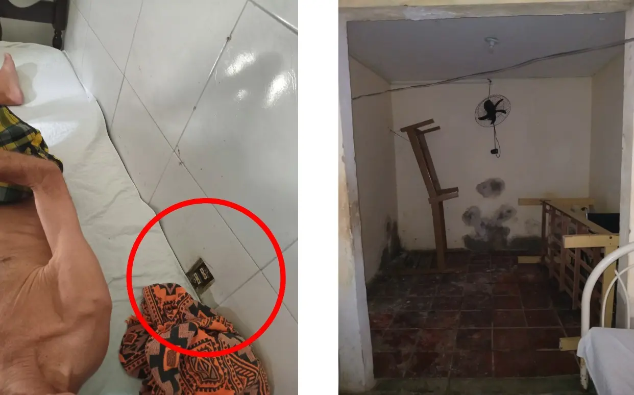 Tomada sem proteção e quarto escuro em abrigo para idosos