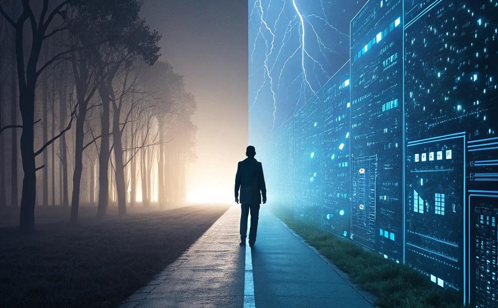 Imagem mostra homem de costas entre um mundo tecnológico e uma floresta