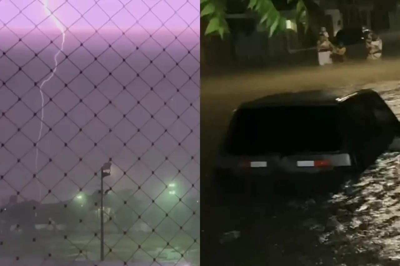 Montagem de fotos com registros de raio e chuva em Fortaleza
