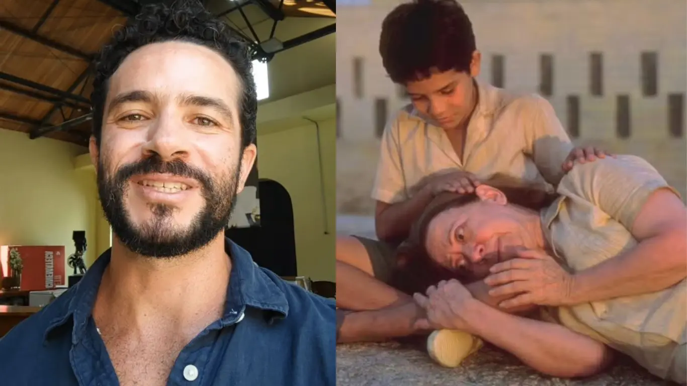 Foto de Vinícius de Oliveira sorrindo em um ambiente interno. Ao lado, uma foto de Vinícius e Fernanda Montenegro no filme 